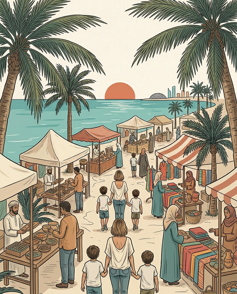 Illustration of a seaside pop-up market in Abu Dhabi